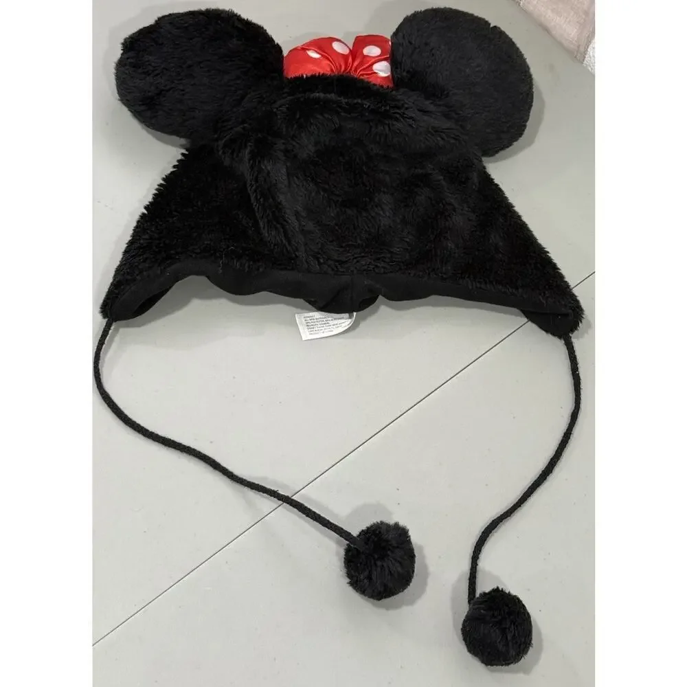 Authentic Disney Parks Minnie Mouse Bow Hat With Ears Beanie Muffs Pom Pom